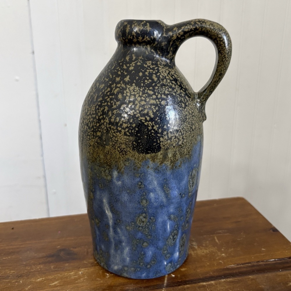 Vintage Handmade Studio Pottery Jug Pitcher Blue Speckled Black Unsigned